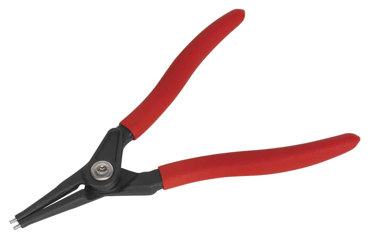 Red handle precision pliers designed for intricate tasks, featuring a durable construction and ergonomic grip for enhanced control and comfort.