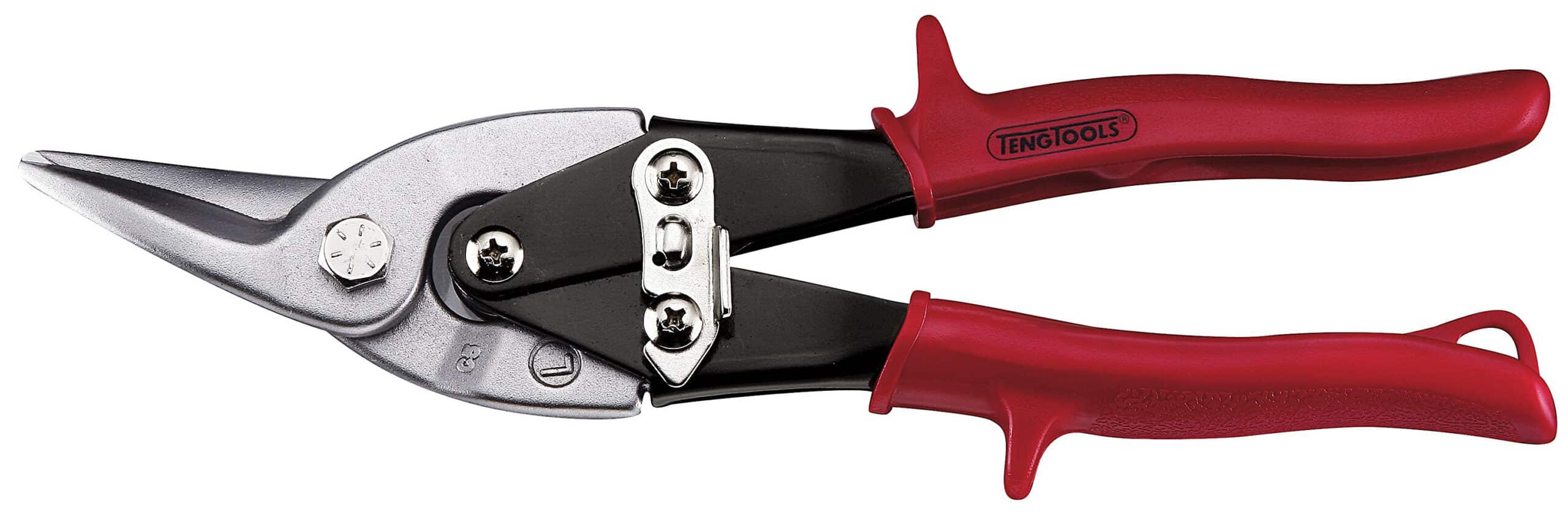 Teng Tools heavy-duty tin snips with red handles and metal blades for cutting sheet metal and other materials.