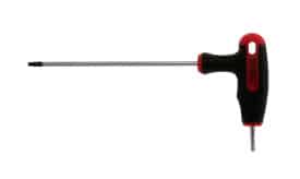 T-handle hex key tool with a black and red grip, designed for easy torque application on hex screws and bolts.