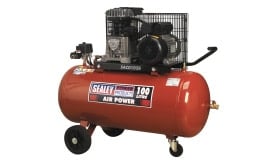 Sealey SAC0102B 100 litre air compressor featuring a powerful motor and large tank for efficient air supply.