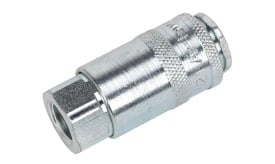 Metal air hose coupling connector with threaded ends for secure attachment, designed for pneumatic applications and tools.