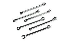 A collection of six chrome spanners and wrenches in various sizes, including 1/4 inch, 9mm, and 11mm, ideal for mechanical tasks.