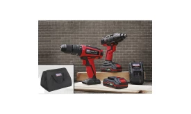 Sealey cordless drill set featuring two drills, batteries, and charger in a black carry bag, ideal for various DIY tasks.