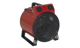 Red portable electric heater with a 2kW power rating, featuring adjustable controls and a protective grille for safety.