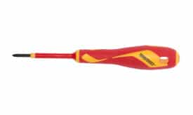Teng Tools red and yellow screwdriver with a comfortable grip, designed for precision tasks and durability in various applications.
