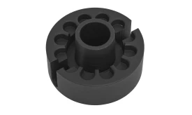 Black rubber component featuring a circular design with multiple cut-outs and a central cylindrical opening for various applications.