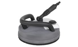 High-pressure cleaner surface attachment with a circular design, featuring a handle and adjustable nozzle for effective cleaning.