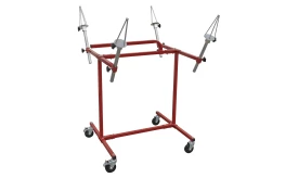 Adjustable red equipment stand with four mounting points and wheels for mobility, suitable for various tools and equipment.