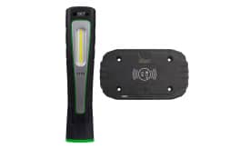 Sealey rechargeable work light with LED illumination and magnetic base for hands-free use, ideal for workshops and outdoor activities.