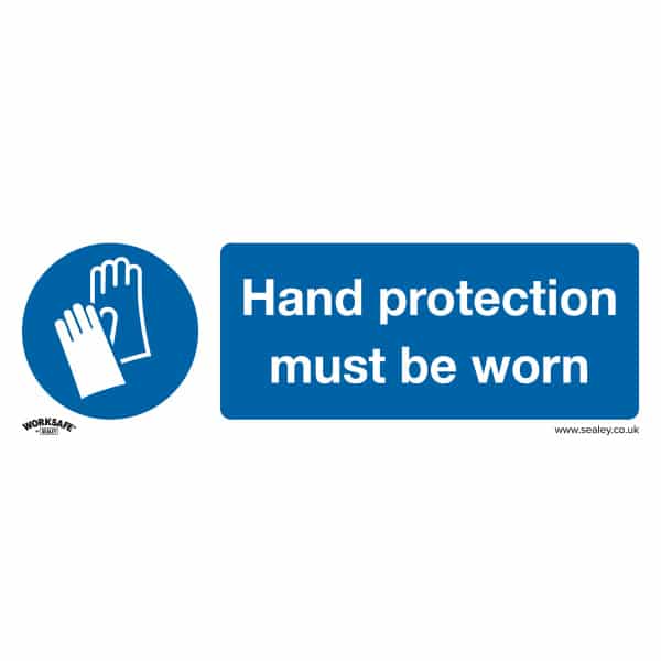 Safety sign indicating that hand protection must be worn, featuring gloves icon and clear text for workplace safety compliance.