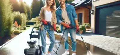 A couple using a pressure washer in a garden setting, showcasing outdoor cleaning equipment and a well-maintained pathway.